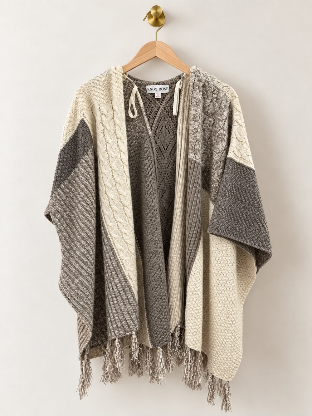 Knox Rose XS Gray Cream Patchwork Knit Poncho Cardigan Fringe Boho